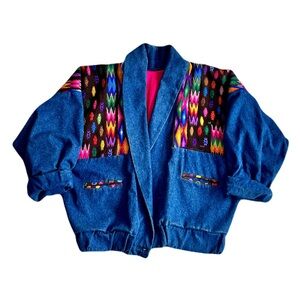 Vintage Neiman Marcus Denim Aztec Southwestern Woven Huipil Jacket, One Size